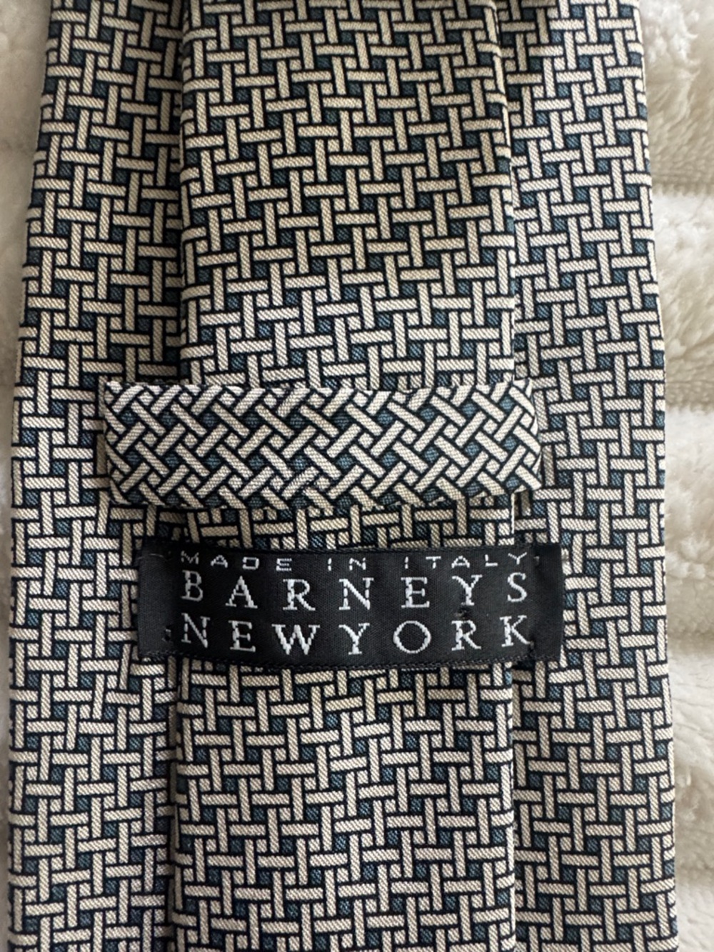 Barneys New York Beige and Navy Geometric Silk Tie